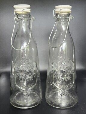 2x Glass Milk Bottles Porcelain Top Retro 'Refreshing Ice Cold Drink'